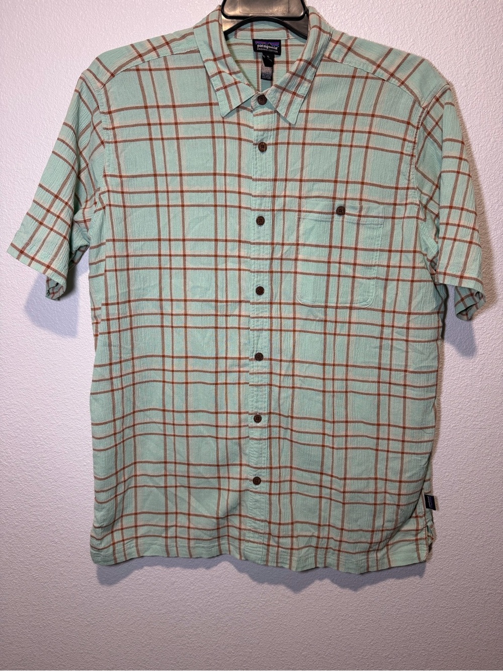 Patagonia Mint and Brown Plaid Short-Sleeve Button-Down Shirt